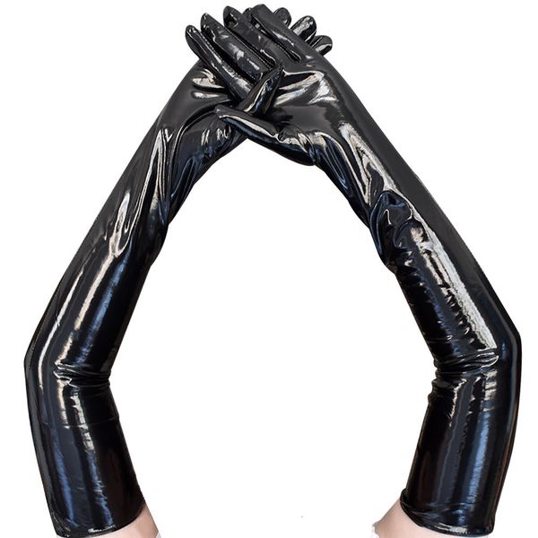 Luvas de cinco dedos adultos Sexy Long Long Black Latex luvas de látex metálico Look Faux Leather Luvas Clubweares Dança Catsuit Cosplay Mittens 230821