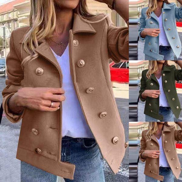 Damenjacken Solid Color Winter Winter Doppelbrust Mantel Büro Vintage Fashion Revers Collar Long Sleeve Ladies Oberbekleidung L5