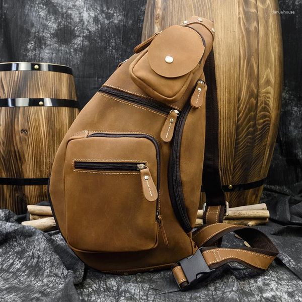 Bolsas escolares bolsa de peito grande para homens loucos couro de couro crossbody bagpack pacote genuíno