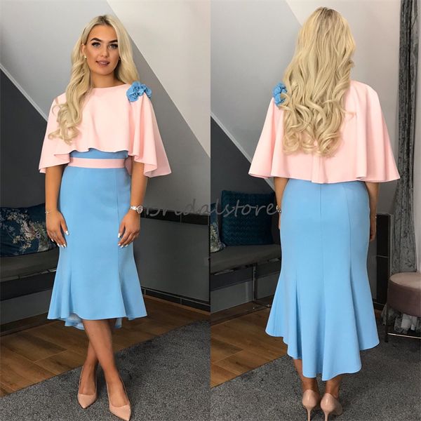 Vestido de noite azul rosa árabe de Dubai com capa Contraste Maxi Holiday Prom Dress 2023 Coquetel curto Festa formal Wear Women Birthday Vestidos de Noche