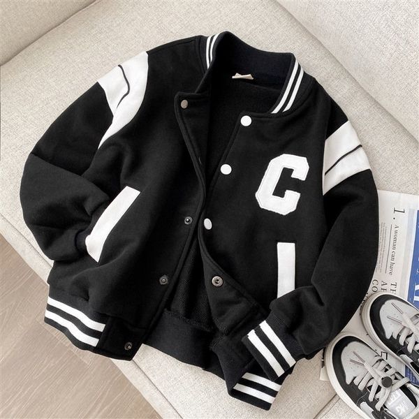 Jaquetas primavera verde letra preta letra de beisebol jacket para meninos roupas de moda para crianças adolescentes cardigan 3 a 12 crianças casuais saques de roupas 230817