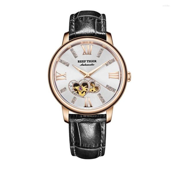 Orologi da polso Reef Tiger RGA1580 Luxury Austria Crystal Hollow Out Domande da donna Automatico Orologio da polso Meachanical con cinturino in pelle -