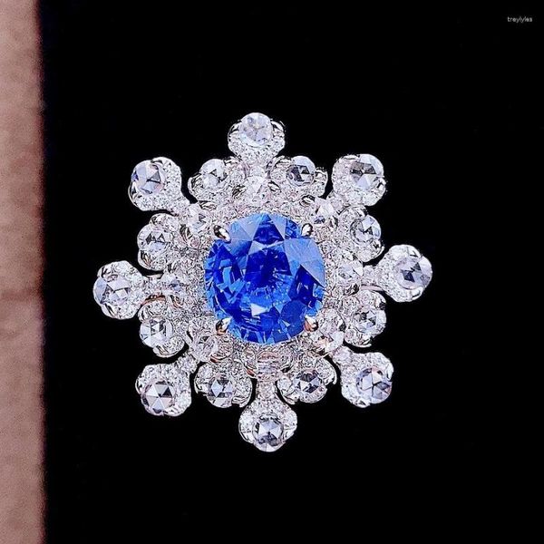 Clusterringe Hjy Maisblüten blau Sapphire Ring Real reines 18k Weißgold Naturnatürlicher Edelsteine ​​1.15ct Diamonds Stein weiblich