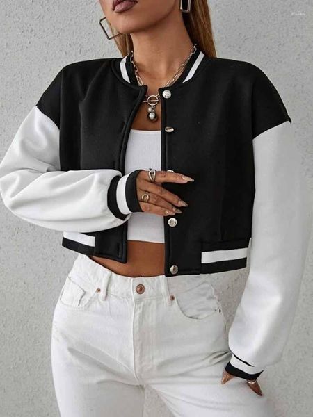 Jackets femininas Mulheres soltam ombro de dois tons Botão de bombardeiro Button Casaco de manga comprida Top casual básico outono de outono inverno preto