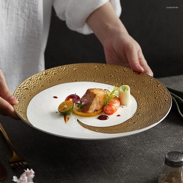 Placas Creative Ceramic Plate Modern Gilded Decorativa Salada de Frutas Handmadas Crescent Western Restaurant Steak Dish