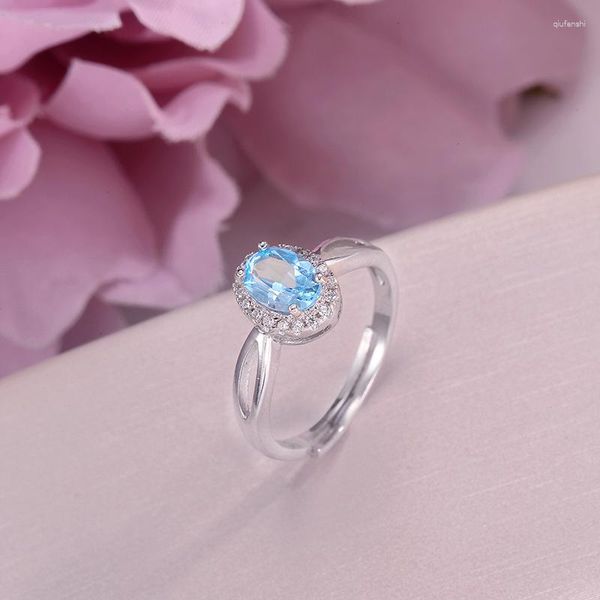 Cluster Rings Natural Topaz для женщин 925 Серебряное серебро серебряные украшения овальные синие драгоценные камни.