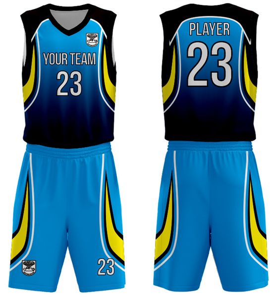 Laufsets nach Maß, neuestes Basketballtrikot, einheitliches Design, Farbe Blau, Trainingskleidung, Sublimationsdruck 230821