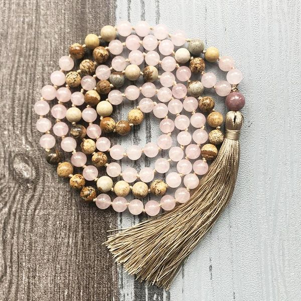 Ketten Yoga Mala Perlen 108 Halskette 8mm Bild J-Asper und Rose Q-Uartz Knotted handgefertigtes Quasten Halsketten Geschenk für Frauen