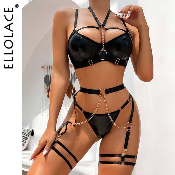 Sexy set matte Lederinnen weibliche Dessous sexy Luxus unzensierte Unterwäsche 6 -teilige intime Halfterkette Feiner BH und Slipset 230808