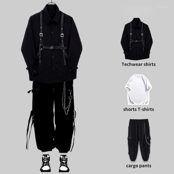 Мужские спортивные костюмы Houzhou Techwear Pants Sets Men Punk 3 Piece наряды Черные грузовые брюки Рубашки с длинными рукавами корейская уличная одежда хип -хоп весна