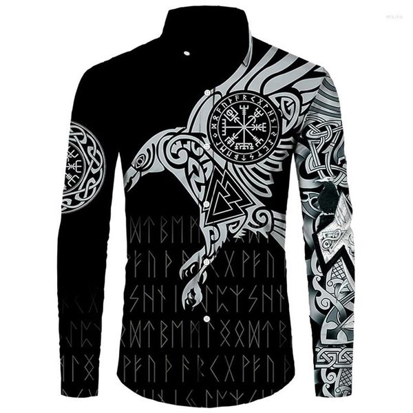 Camicie casual maschile vichinga il corvo di tatuaggio 3d camicia da uomo retrò harajuku bavaglio abbottonato abbottonato manica lunga 226r