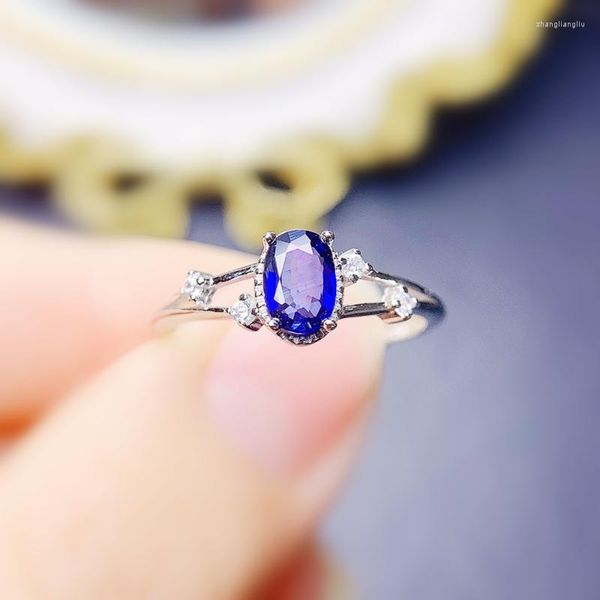 Clusterringe Natural Real Blue Sapphire Ring 925 Sterling Silber 4 6 mm 0.6ct Edelstein Schmuck Frauen J28253