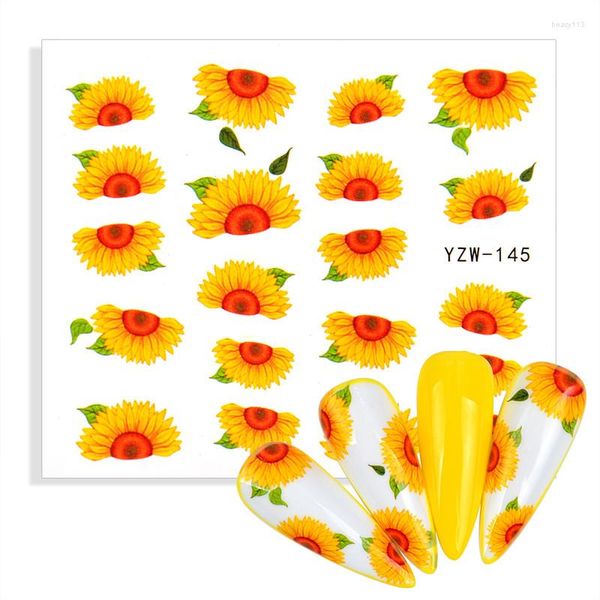 Adesivos de unhas 1pcs Sunflower Blossom Florals Decalques de água de arte transferem folhas de barras de barragens para manicure para manicure