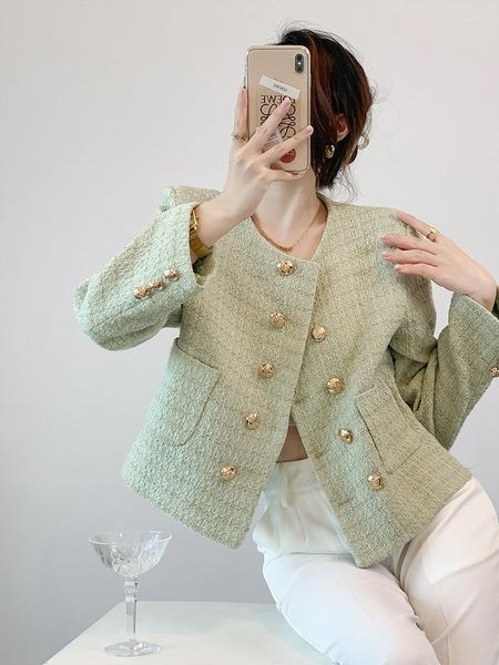 Frauenjacken Luxusdesigner Herbst Tweed Jacke Coat 2023 Hochqualitäts Frauen grünes Metall Doppelreihe Taschenwolle Außenbekleidung