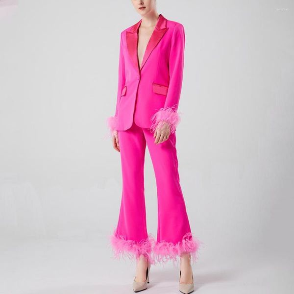 Pontas de duas peças femininas Avestruz rosa Feather Suits 2023 Luxo de luxo REAL REAL RESULTADO DE BLAZER PANTELA BLAZER ROUCAS MULHERES MULHERES