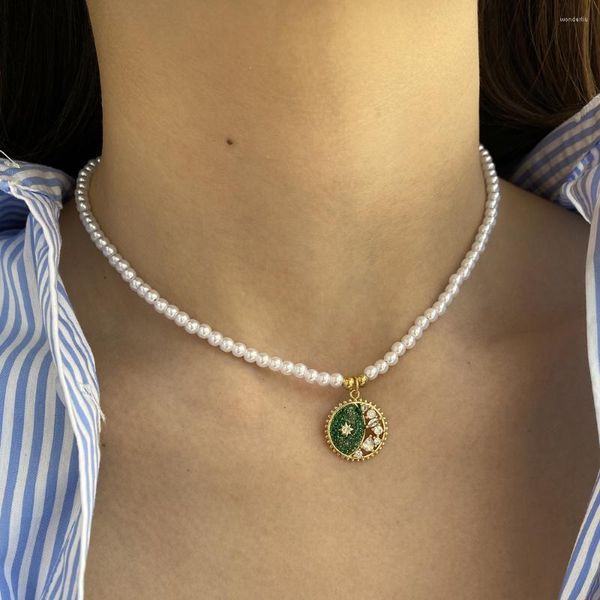 Anhänger Halskette böhmische Sonnenmondstern Kubikzirkon Imitation Perlen Halskette für Frauen Kragen Edelstahl Verschluss exquisites Inlay -Handwerk