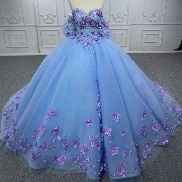 Luxusblau Prinzessin Quinceanera Kleider Schatz Ballkleid geschwollene Tüll süße 16 Kleider A-Line Elegante Perlen 3Dblumen-Prom-Kleid