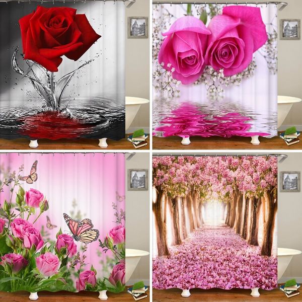 Duş Perdeleri Kırmızı Gül Kelebek Çiçekler Duş Perdesi 3D Banyo Perdesi Kumaş Su Geçirmez Polyester Yıkanabilir Banyo Ekran Seti 230820