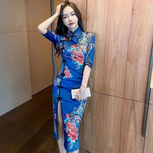 Etnik Giyim Moda Kadınlar Uzun Kollu Elbise Modern Sonbahar Kış Geliştirilmiş Baskılı Velvet Uzun Cheongsam İçi Dış Ön Çatal