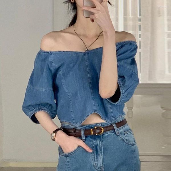 Frauenblusen Retro einfache französische Stil solide Bluse Bootskragen Denim Shirt Frauen Sommer Nische Design Hollow Out Rückenless Short Top