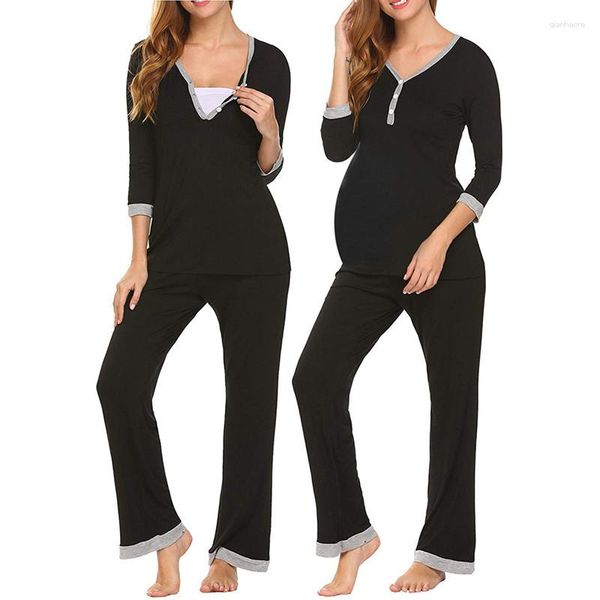 Frauen Nachtwäsche schwangere Frauen 3-Viertel-Hülle kontrastierende Farbstiche einstellbare Hosen Pyjamas Anzug V-Ausschnitt PJs