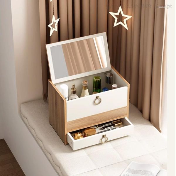 Aufbewahrungsboxen Europäischer Haushaltsdesktop mit Spiegelschubladen Schminktisch Einfacher Schlafzimmer Große Holzkosmetikbox ZP7091600