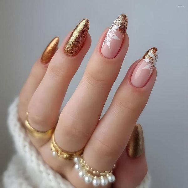 Ложные ногти блестящие золотые порошок фальшивый рождественский дизайн снежинок миндаль/гвоздь.