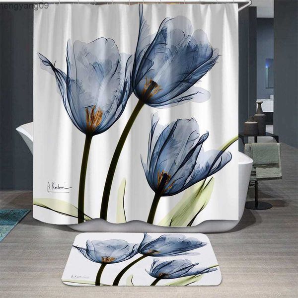 Cortinas de chuveiro tulipas lótus flores árvores de poliéster Waterproff chuveiro cortina de polyester 3D cortina de banho com 12 gancho de tinta de tinta decoração r230821