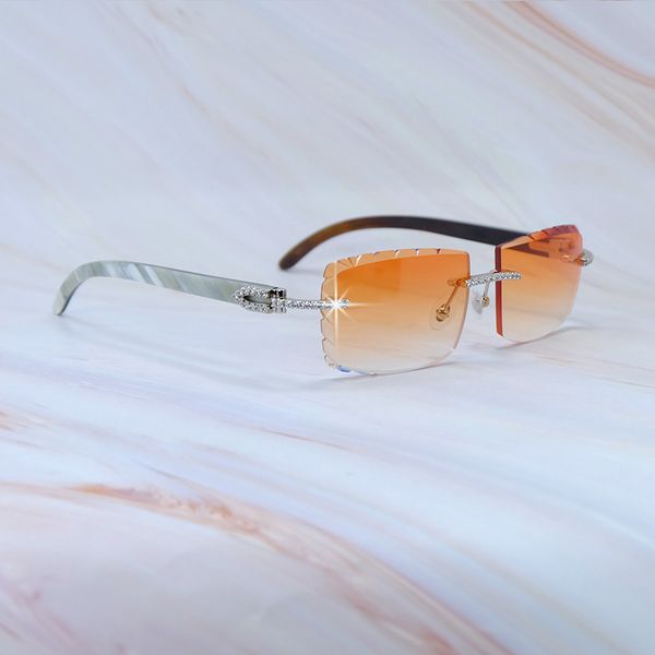 Strass gelado fora óculos de sol mármore genuíno chifre de búfalo designer de luxo Carter Diamond Cut Mens Shades Eyewear Y2K Decoração Lentes de Sol Silver Frame