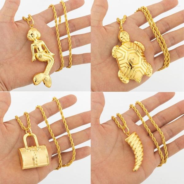 Anhänger Halsketten Dubai Mode Gold Farbe mit 60 cm Kette für Frauen Männer Kupfer Design Muster Halskette Lady Schmuck Jubiläum Geschenk