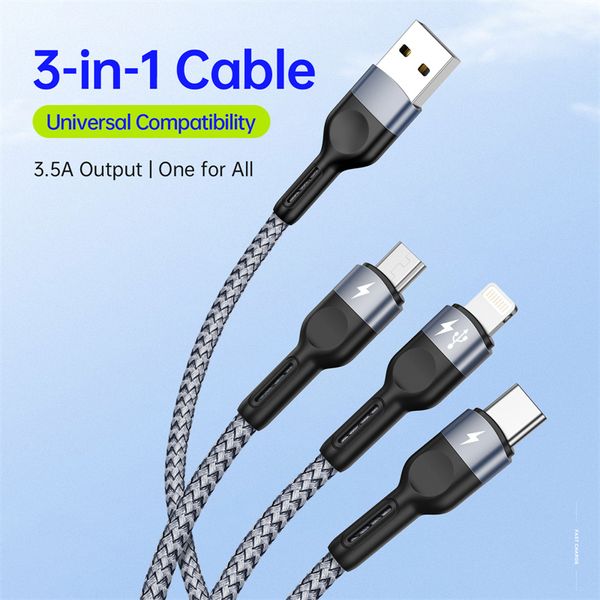 3 em 1 USB Tipo C Cabo de carregamento rápido 3in1 Micro USB Tipo CABELA DE DADOS DE CARAGEM DE