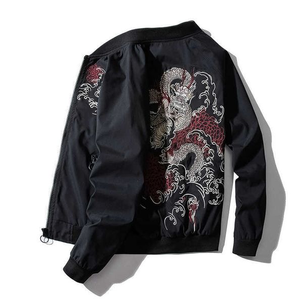 Jaquetas masculinas jaqueta de bombardeiro de inverno masculino dragão chinês bordado jaqueta piloto retro rock hip hop jacket streetwear high street masculino j230821