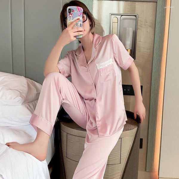 Frauen Nachtwäsche Frauen Frühling Sommer 2pcs Pyjamas Anzug Kurzarm Hemdnacht Nachtwäsche süße Spitzenverkleidung Casual Ice Seide Zuhause Kleidung