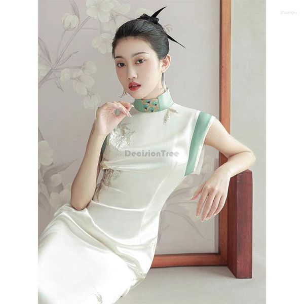 Roupas étnicas 2023 Mulheres chinesas Mulheres mangas Cheongsam Dressam White Casual Casual Diário Hanfu Lady Oriental Elegant Party