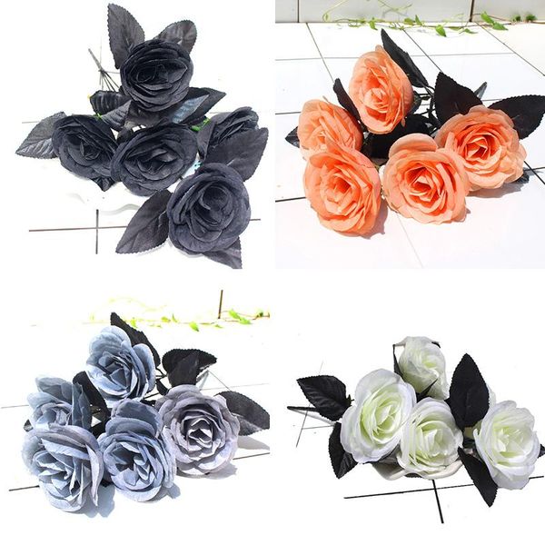 Dekorative Blumen 5 Köpfe künstliche Rose schwarz rot grau Valentinstag Halloween Dekorationen Simulations Pflanze Party Tischdekor Bouquet