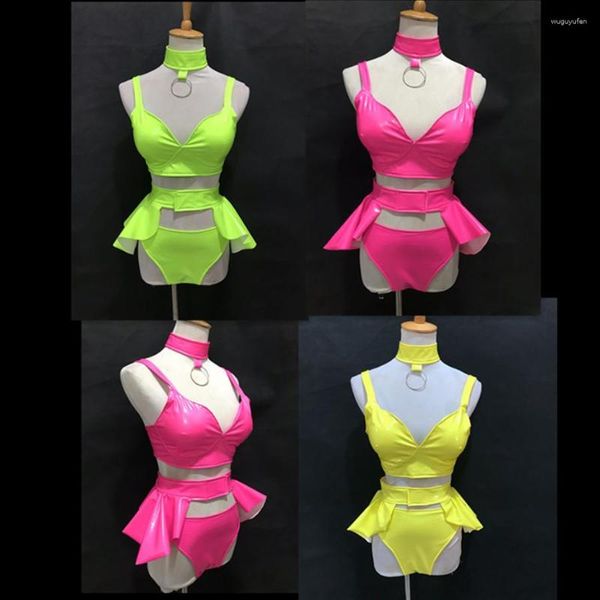 Bühnenbekleidung Tanzen sexy fluoreszierende elastische Lack Split Bikini Set Bar Party Rave Outfits weibliche DJ -Tanzkostüm Stange