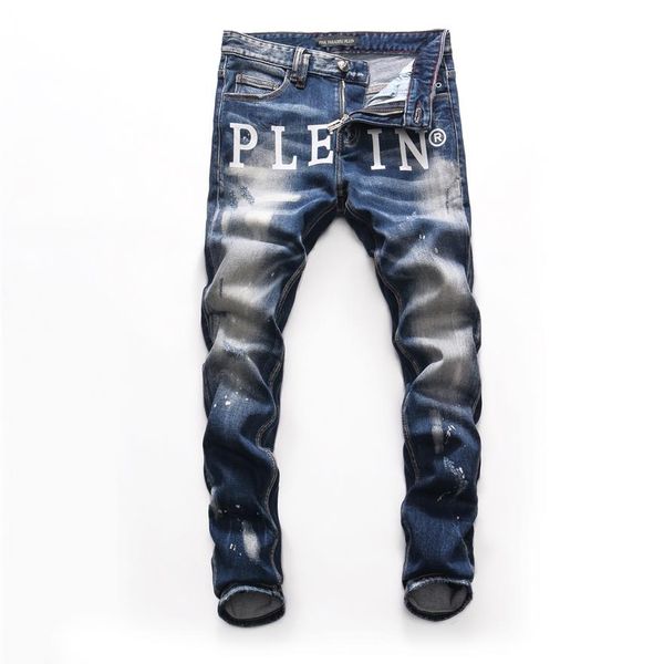 Розовый райский Plein Classic Fashion Man Jeans Rock Moto Mens Casual Design Ruped Jeans Destred Skinny Denim Biker Eans 157489327J