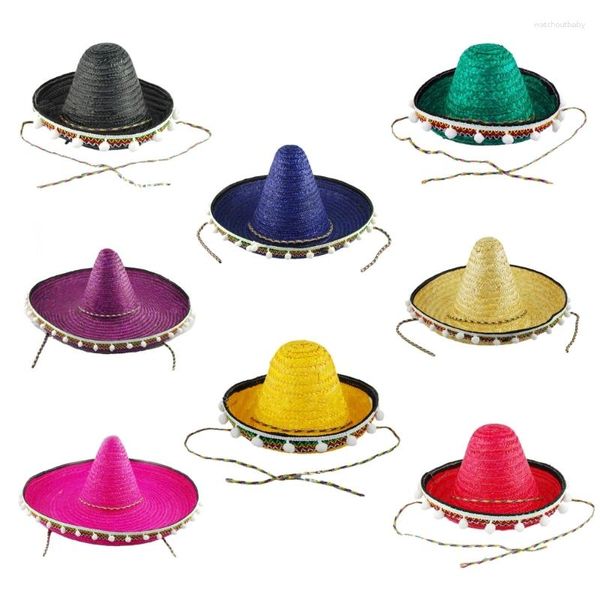 Berets L5YA Mexikanische Partyhut mit weißen Pompomen für Fiesta Carnivals Unisex Stroh