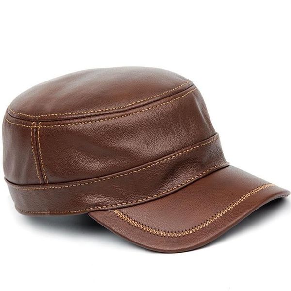 Echte Leder Baseball Golf Sport Cap Hut Herrenmarke Armee Militärhüte Kappen mit Ohrklappe braune schwarze Breite Brim229g