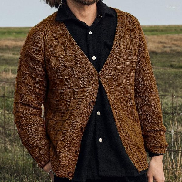 Erkek Sweaters Moda Uzun Kollu Katı Sokak Giyim Düğmesi V Yık Jumper Giysileri Businge Vintage Örgü Cardigan Paltolar