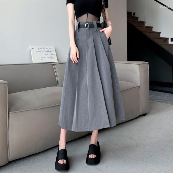 Röcke koreanische Mode hohe Taille plissierter Rock Frauen elegant A-Line Formal Long Withe Belt Office Ladies Damen