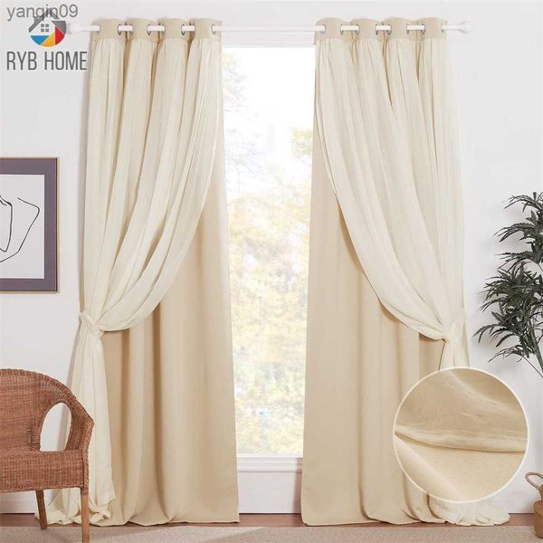 Vorhang Rybhome Grommet Doppelschichtmischung Match Elegant Crushed Voile Sheer und Blackout Vorhänge mit Krawatten-Backs für Schlafzimmer Wohnzimmer HKD230821