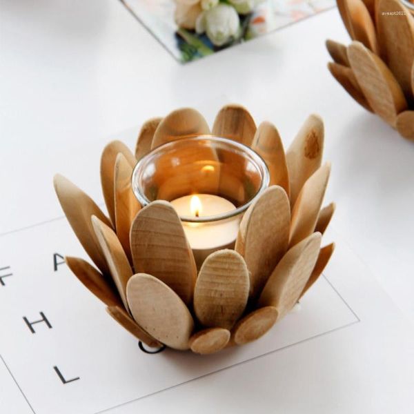 Titulares de velas Nordic Wooden Lotus Petal Modern Farmhouse Style Home Room Desktop Candlestick Decoration Ornamentos