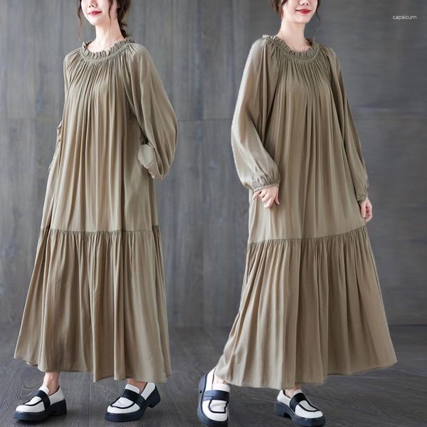 Vestidos casuais primavera no verão feminino cor sólida cor simples vestido A-line fêmea de manga longa rufla pescoço japão estilo folgado plissado