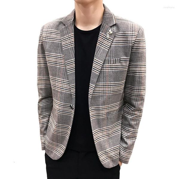 Ternos masculinos Men 2023 Autumn Slim Suit Blazer Fashion Plaid Print Temperamento simples estilo britânico comercial casual casual casaco