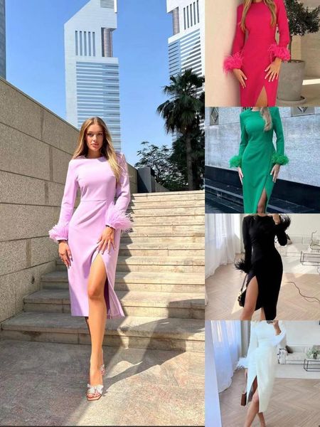 Lässige Kleider elegante lila Feder Midi Abendkleid für Frauen 2023 O-Neck Langarm hoher Taille Split Prom Kleid sexy Bodycon Party