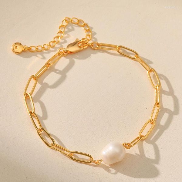 Braccialetti di fascino Minar di alta qualità 18K Ottone oro vero ottone Genuino Genuino Acqua dolce Catena di collegamento cavo per le donne Accessori