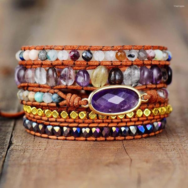 Странд роскошная кожаная упаковка браслет с натуральными камнями фиолетовые бусин