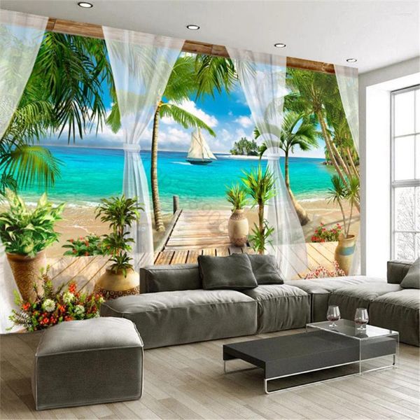 Papéis de parede personalizados qualquer tamanho 3D Mural Wallpaper Seaside Beach Resort Palms Po Pintura de parede Tema da sala de estar El Refreshing Decor