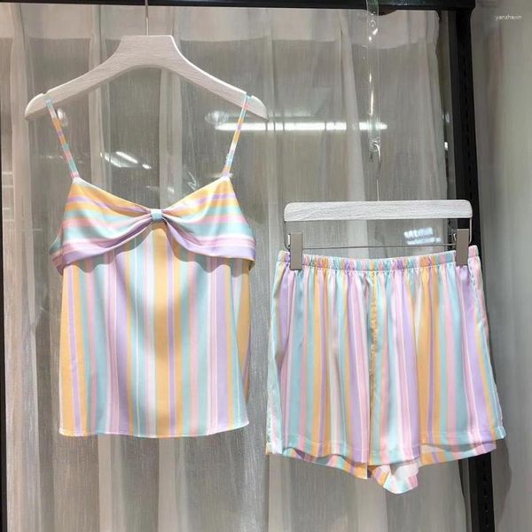 Женская одежда для сна Летняя красочная полосатая пижамная набор Dacron Lapel Sling Pocket Design Nightwear Комфортная передовая ночная рубашка